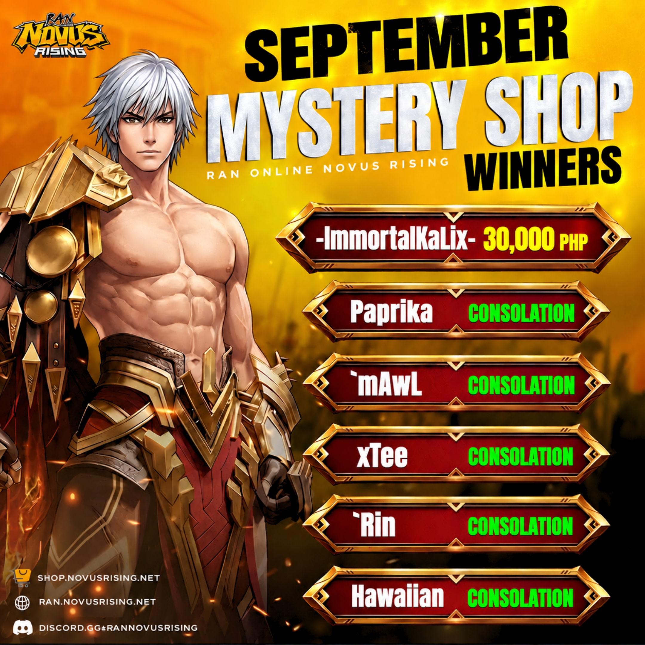 RAN NOVUS RISING ANNOUNCES WINNERS OF SEPTEMBER MYSTERY SHOP RAFFLE · Novus Rising